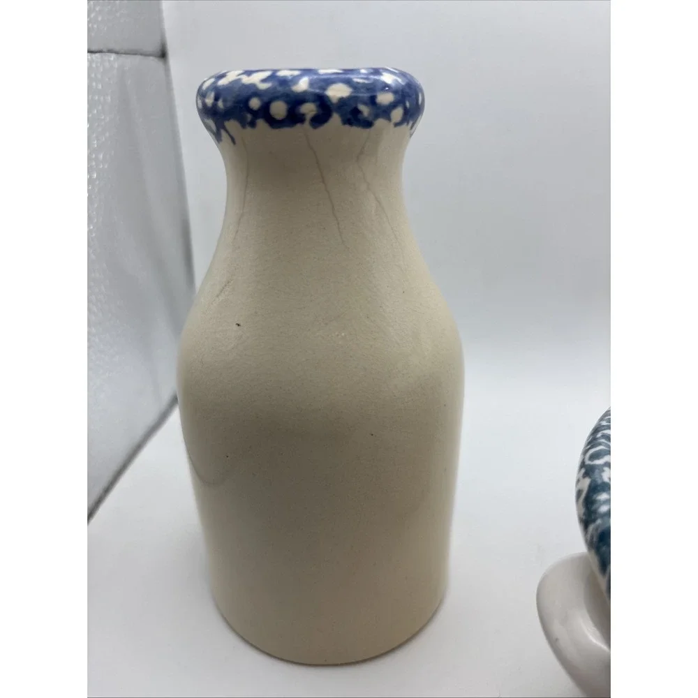 Set Of 3 Blue Sponge Heart Pottery Stoneware Country Vases Milk Jugs Soup‎ Crock